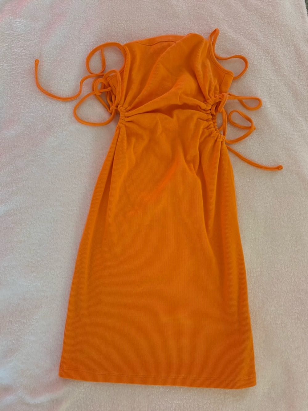 Zara Bright Orange Ribbed Ruched Mini Dress Size Small - Picture 6 of 7